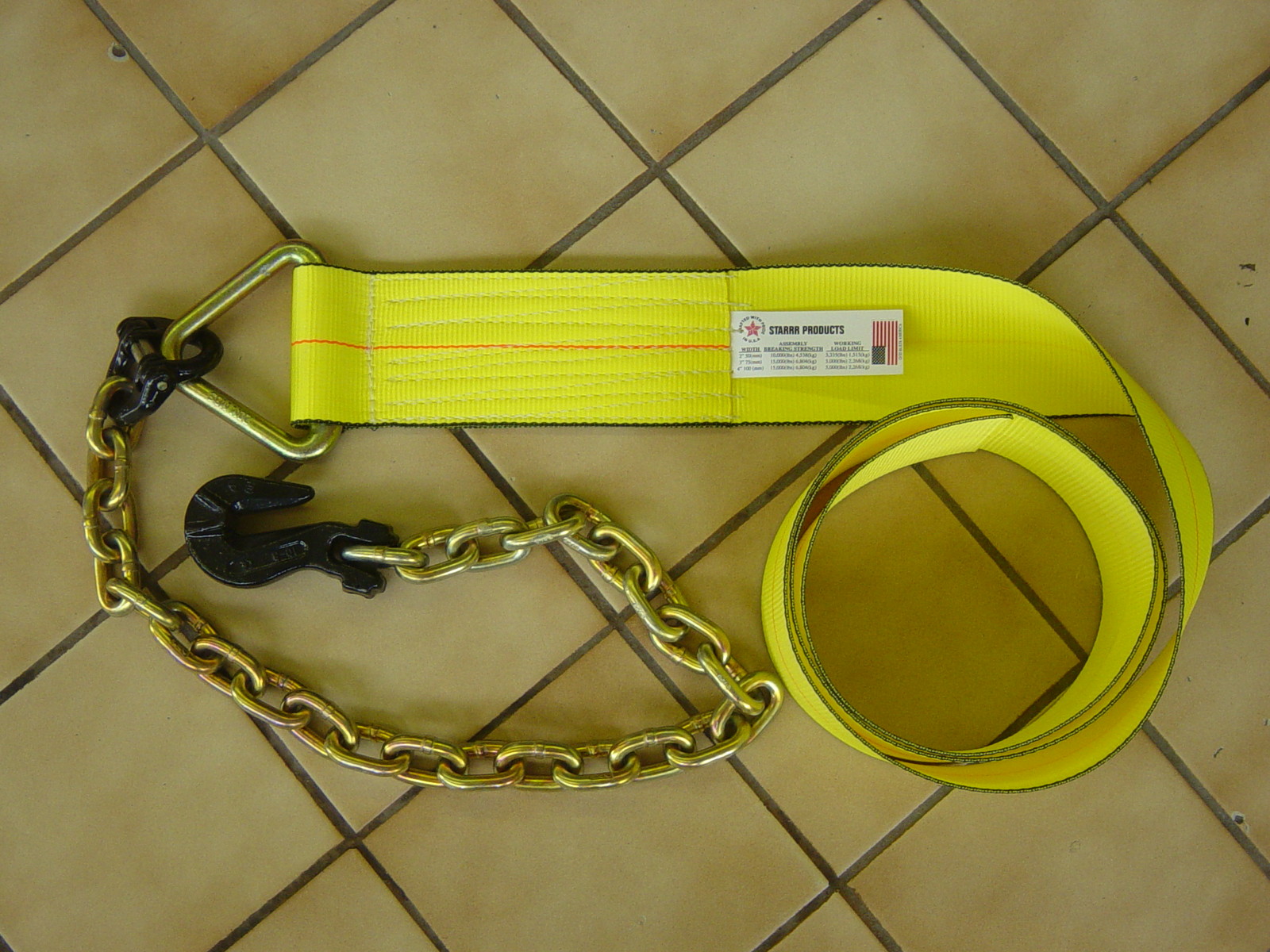 WINCH TIE DOWN STRAP 4"x30FT W/36" CHAIN GRAB FOR AXLE, TOWING, FLATBED, CLEVIS
