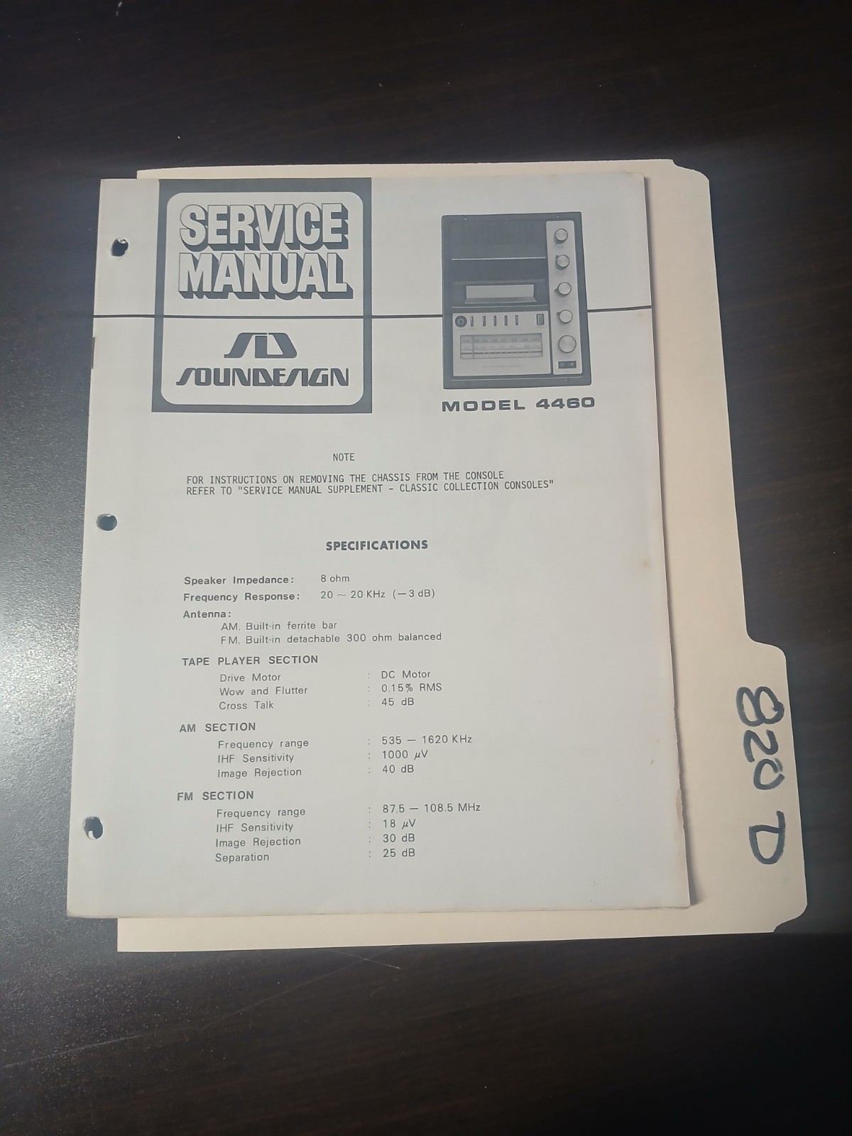 SD Soundesign 4460  Manual Original Repair Book Removing Chassis From Console