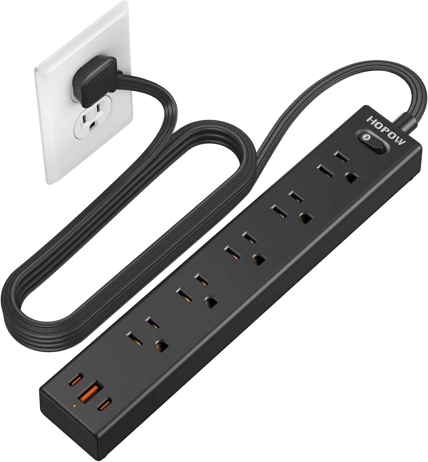 Slim 6 Ft Flat Plug Power Strip with 5 Outlets & 3 USB Ports - Surge Protected