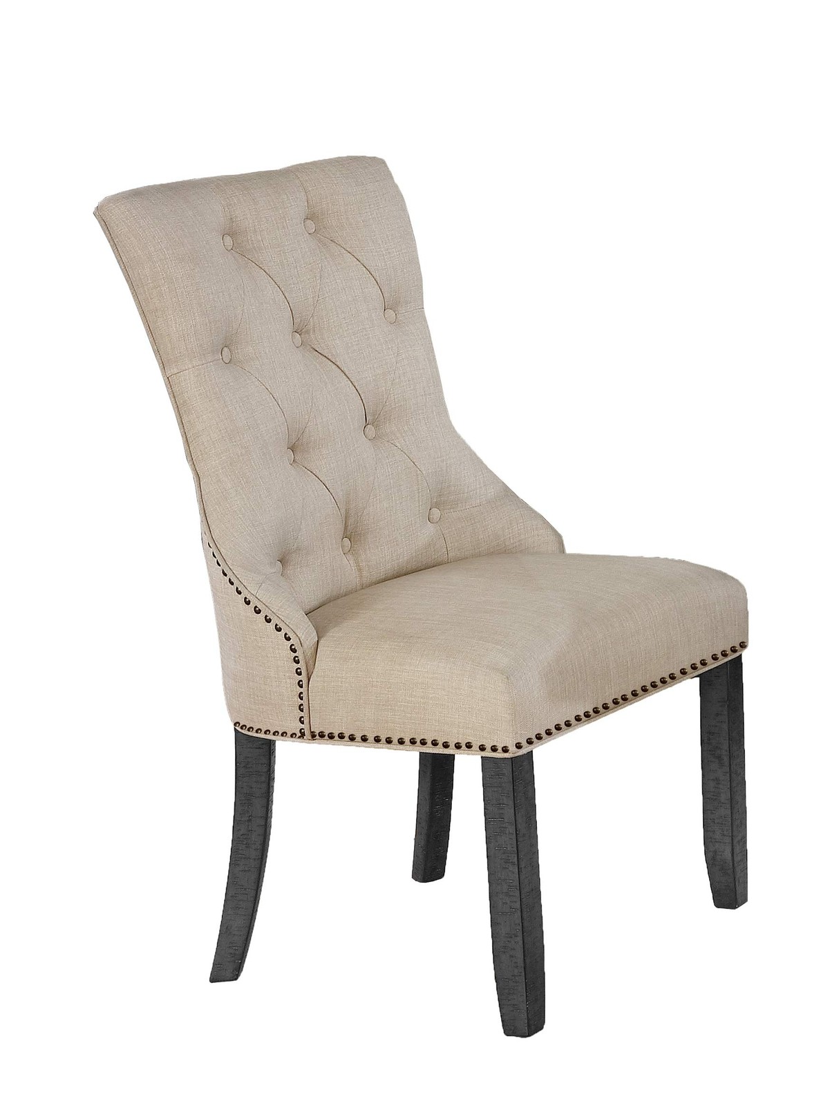 Dark Gray Wood Dining Chair Upholstered with Beige Linen Fabric (Single)