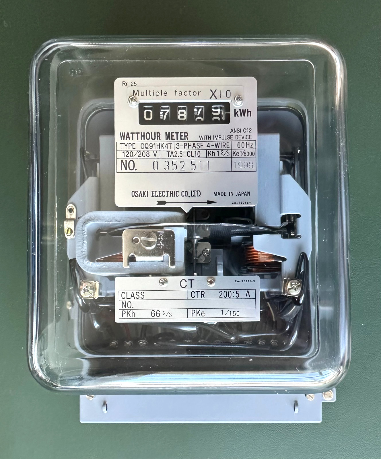 OSAKI ELECTRIC CO WATTHOUR METER TYPE 0Q91HK4T IMPULSE DEVICE 120/208 V