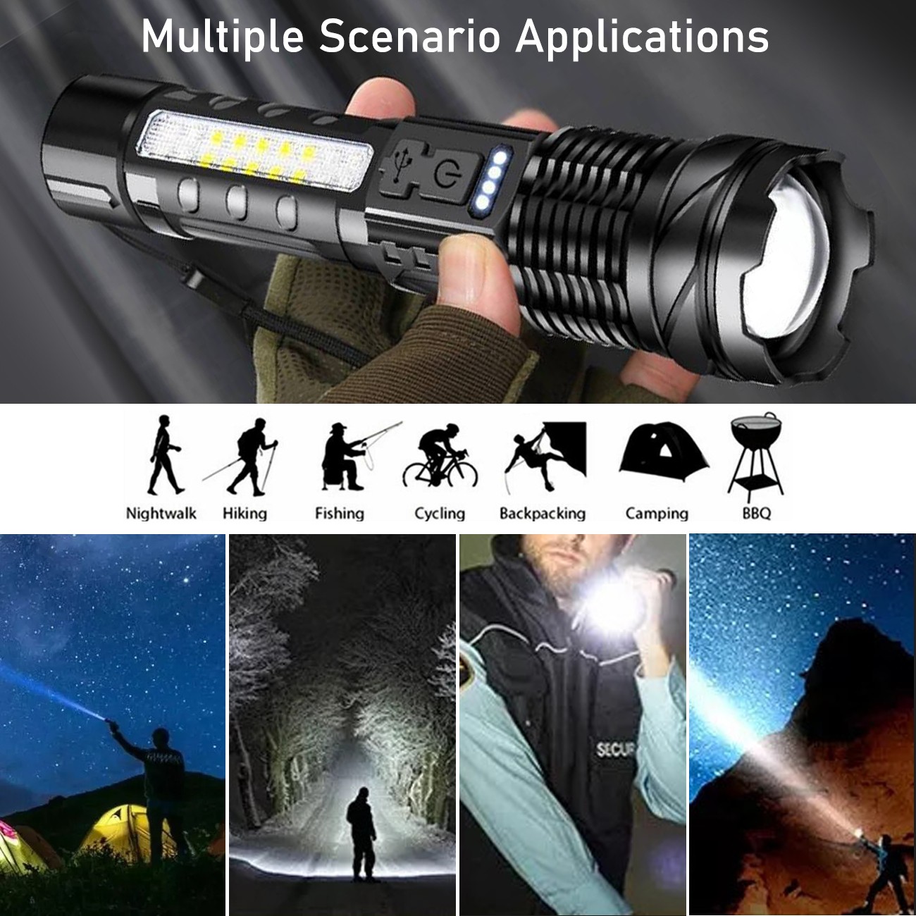 Rechargeable LED Flashlight Tactical Super Bright Torch Light 3 Lighting Color