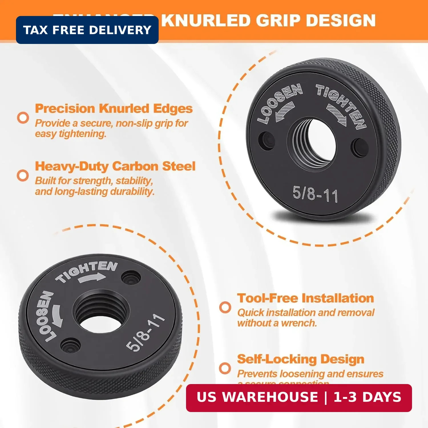 5/8-11 Quick Change Angle Grinder Nut, Self-Locking, 4 Pack | Wrench-Free Arbor