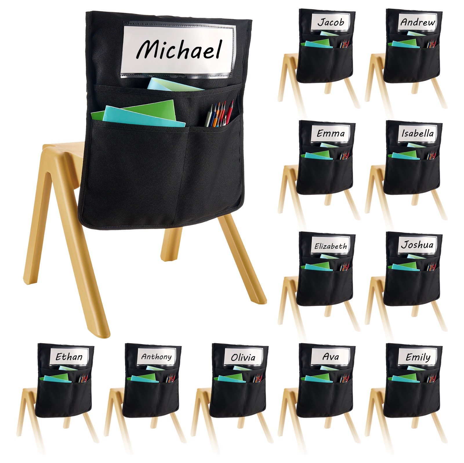 VEVOR Chair Pockets for Classroom 12 Pack Seat Pocket with Name Tag Black