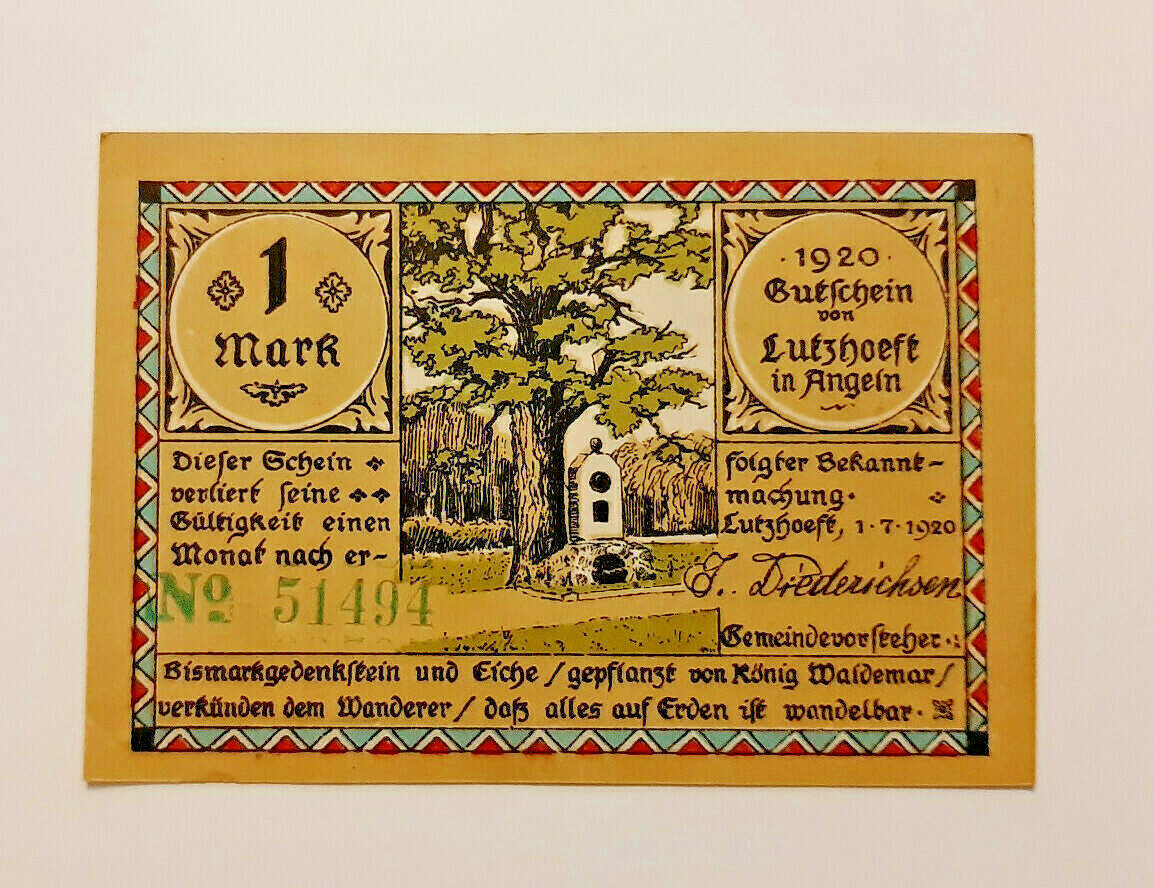 LUTZHOEFT ANGELN NOTGELD 1 MARK 1920 EMERGENCY MONEY GERMANY BANKNOTE (11255)