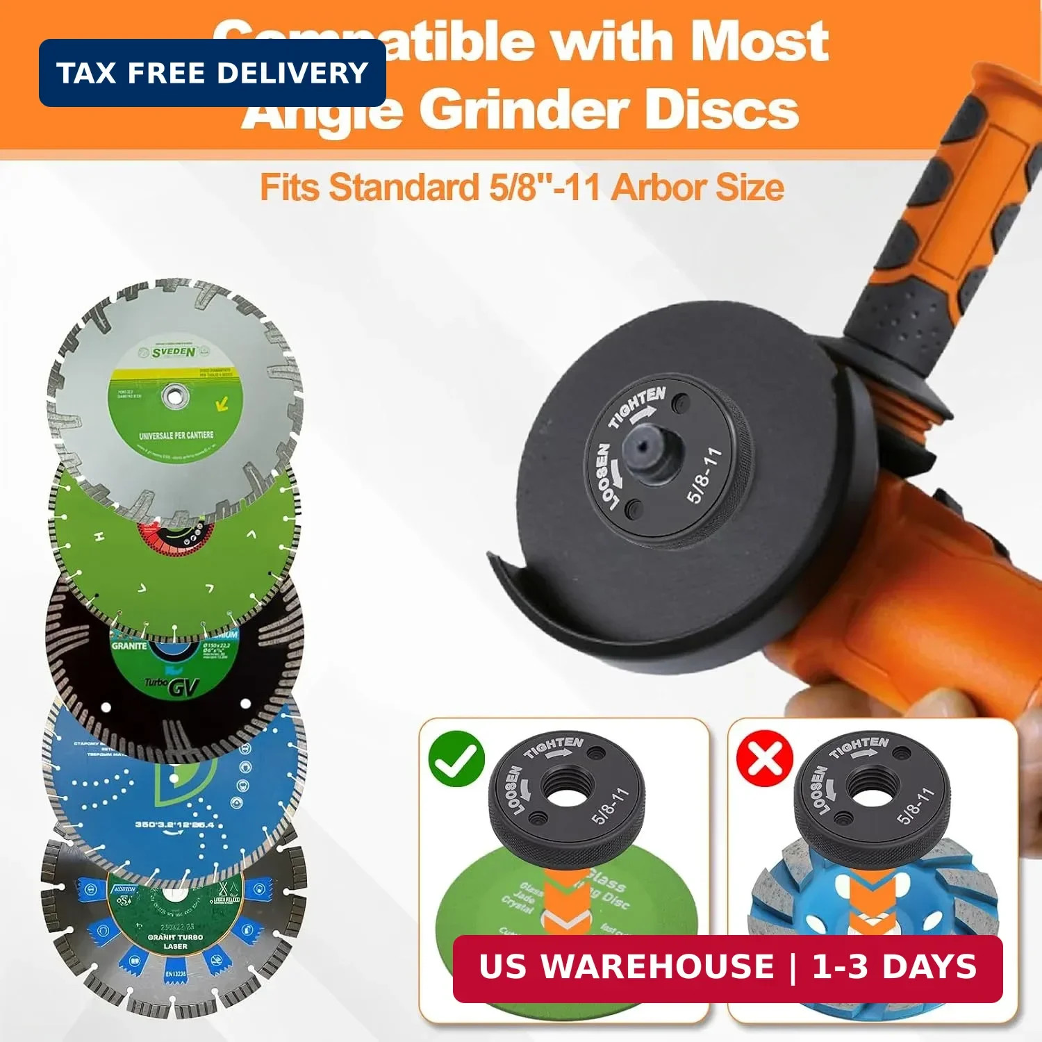 5/8-11 Quick Change Angle Grinder Nut, Self-Locking, 4 Pack | Wrench-Free Arbor