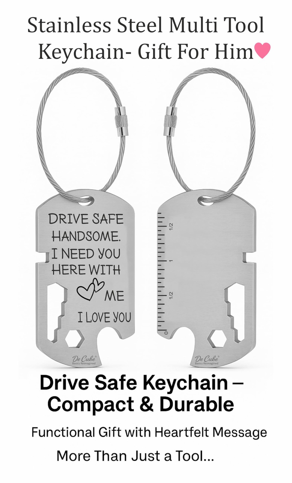 De Cube Drive Safe Handsome Keychain Multi Tool | 6-in-1 Stainless Silver
