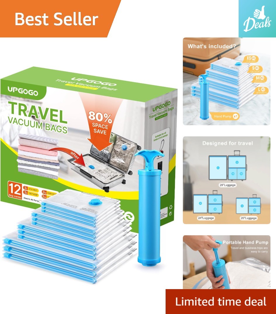 Travel Essential: 12 Vacuum Storage Bags & Hand Pump - Maximize Luggage Space