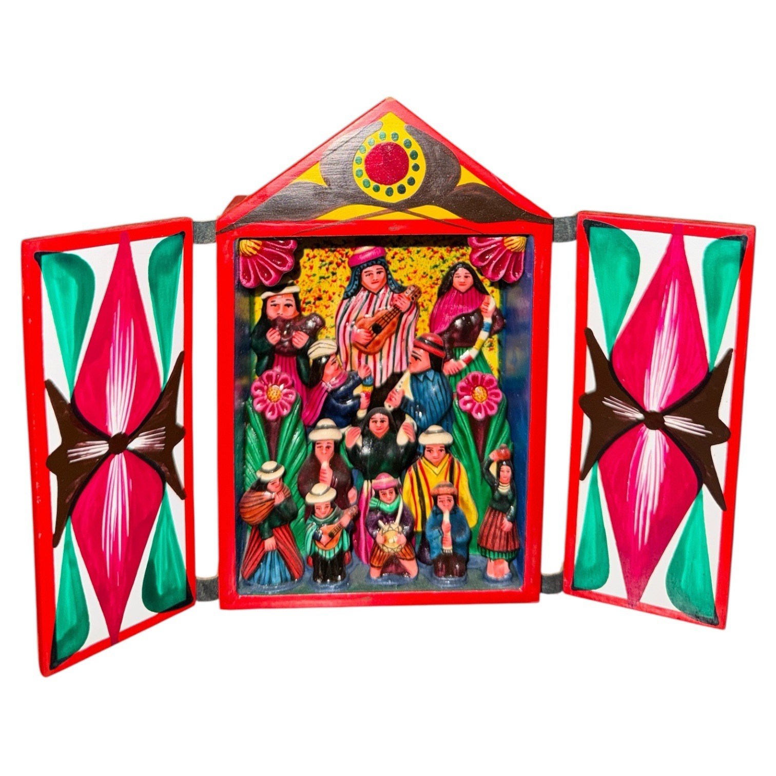 Peruvian Hand Painted Folk Art Retablo Shadow Box Miniature Musician Scene