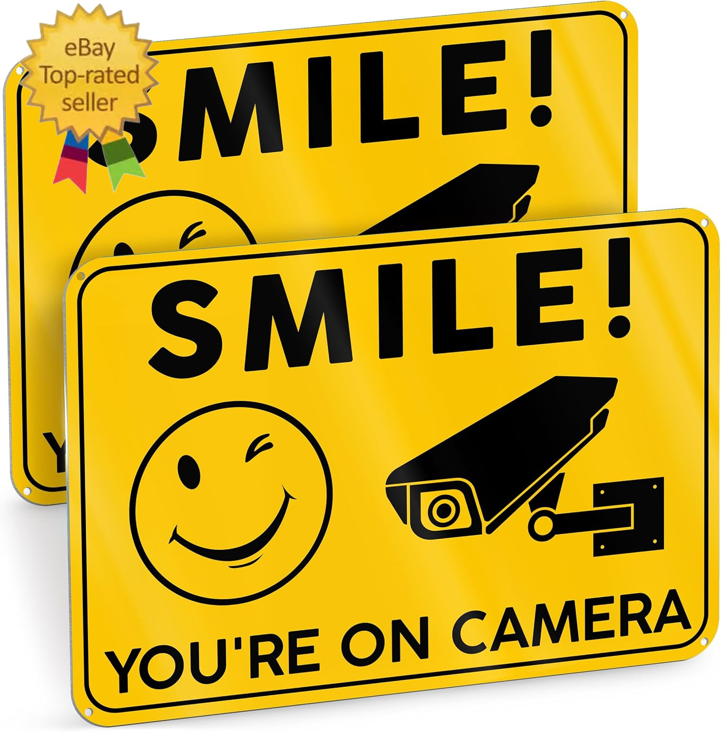 2 PC Smile Your on Camera Signs - 10X7 Aluminum Video Surveillance Signs Outdoor