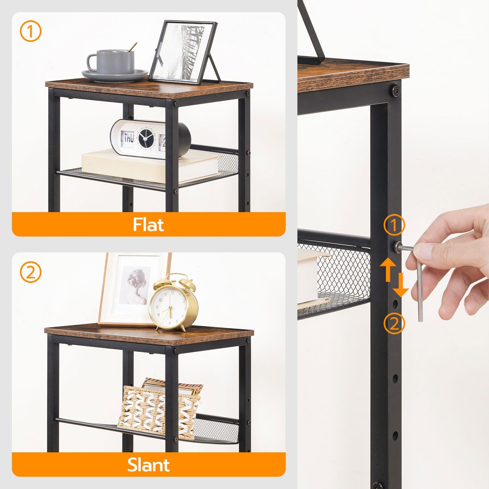 HOOBRO Side Table, Industrial End Telephone Table with Adjustable Mesh Shelves,