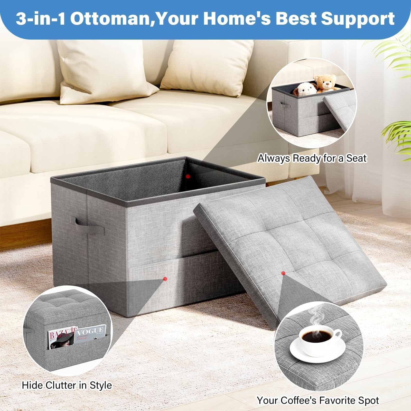 Taburete Otomana Plegable Con Asiento Acolchado De 43L Gris Oscuro Pro