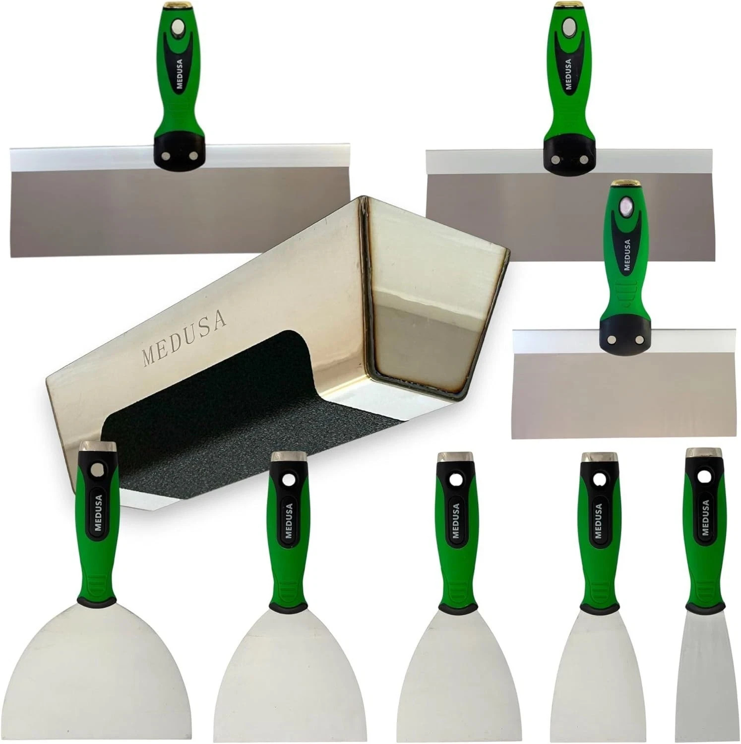 Medusa's Flexible Stainless Steel Drywall Taping Knife Set with 12" Mud Pan a...