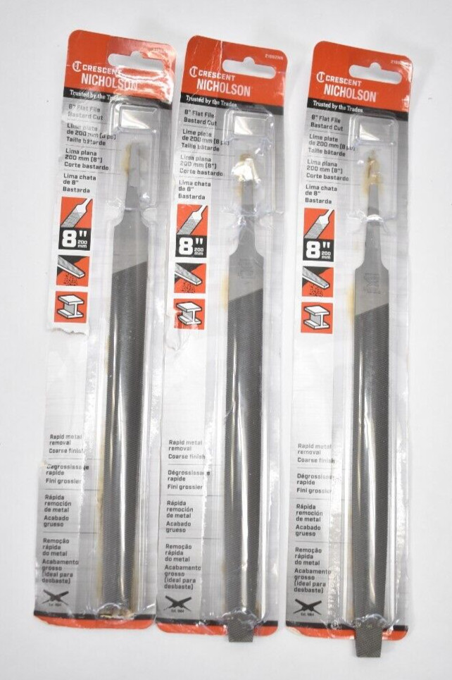 Lot of 3 Crescent Nicholson Bastard Coarse Finish Files High Carbon Steel 8" L
