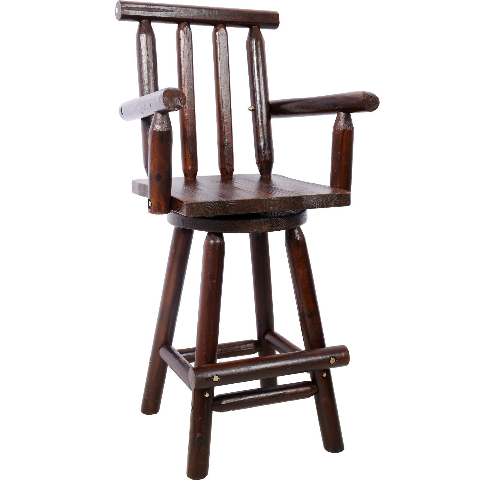 Rustic Fir Wood Bar Stool with Footrest & Wide Armrest, Brown
