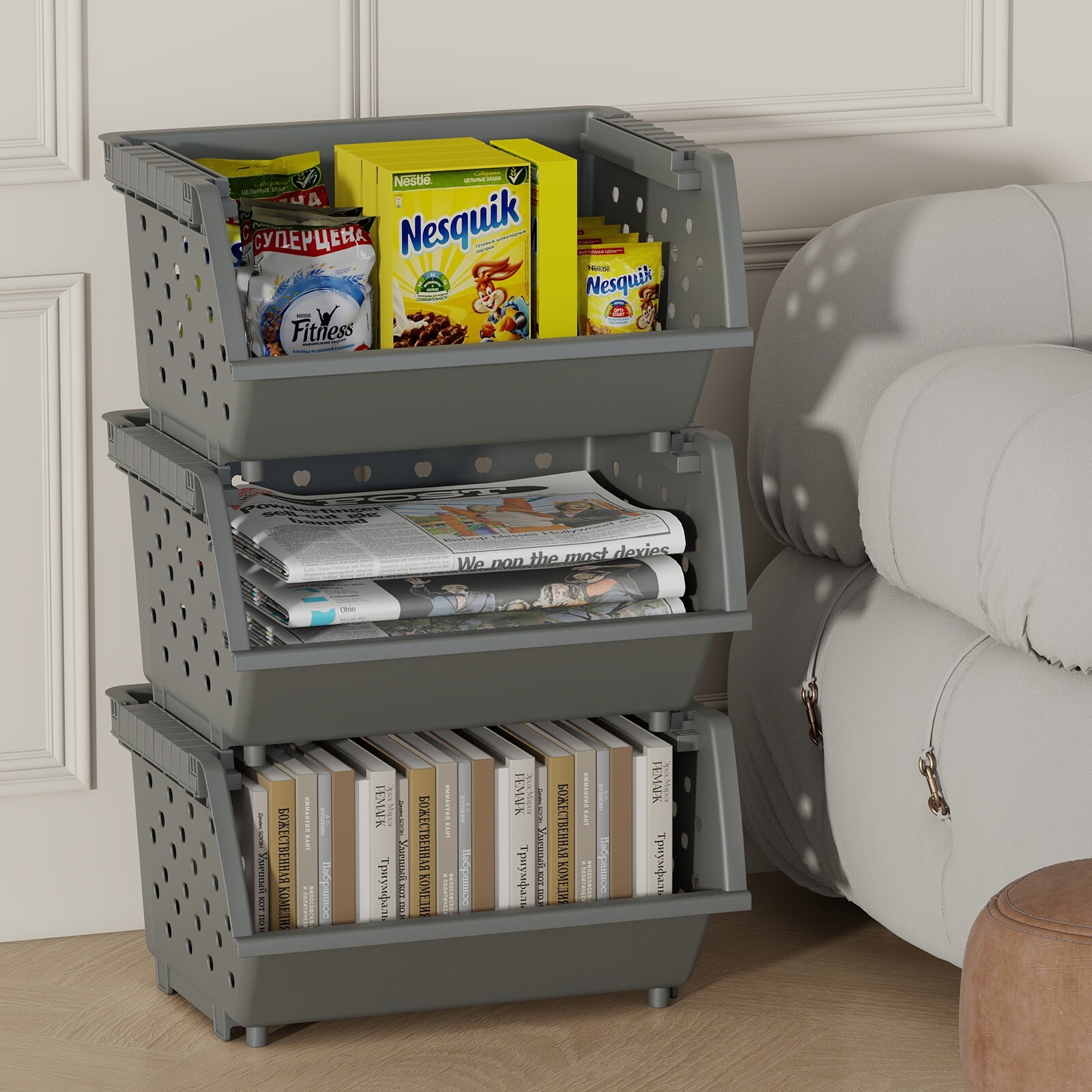 Mayish 4 Packs Plastic Large Stacking Organizer Basket, Gray