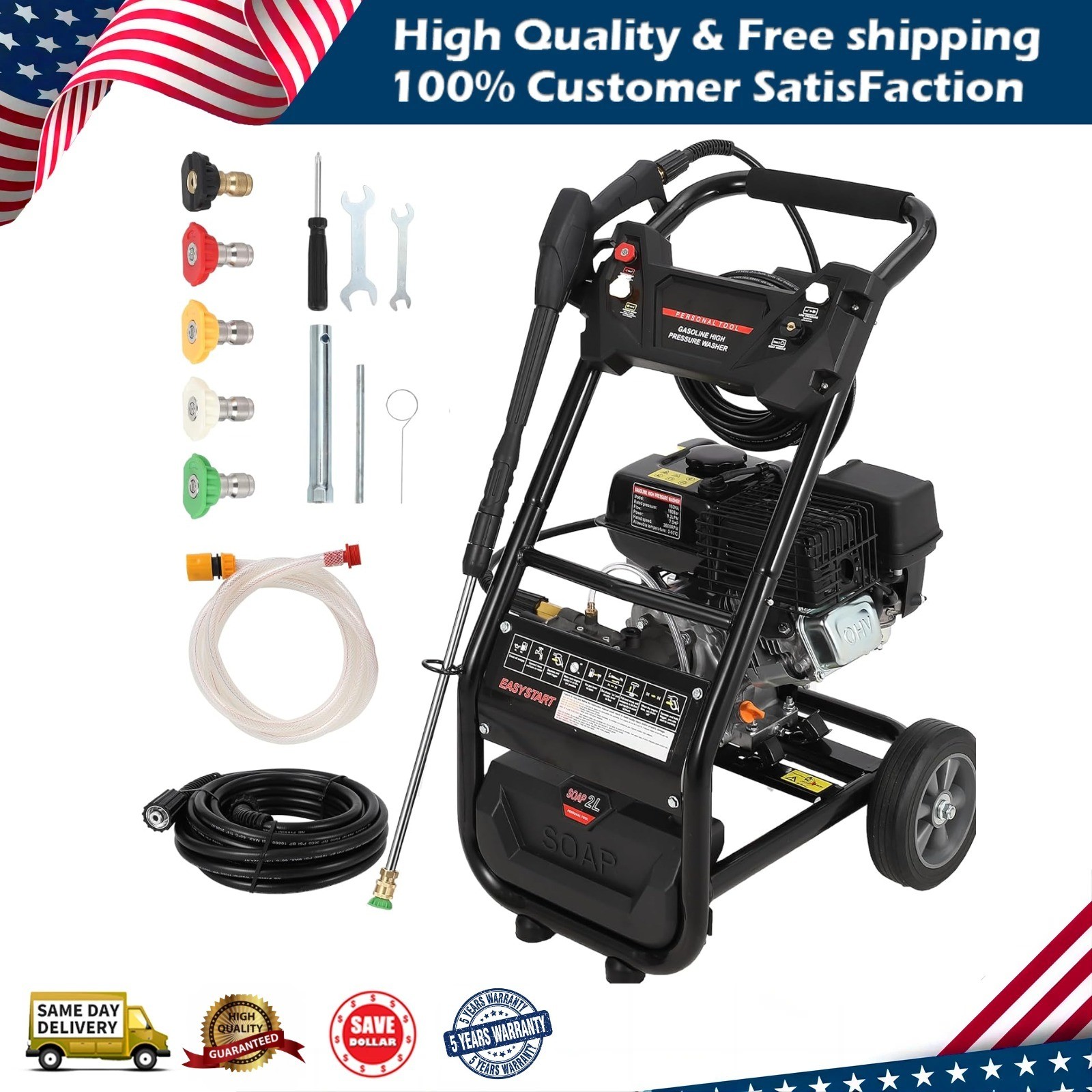 3600 PSI Gas Pressure Washer 2.6 Max GPM High Pressure Washer With 4 Nozzles