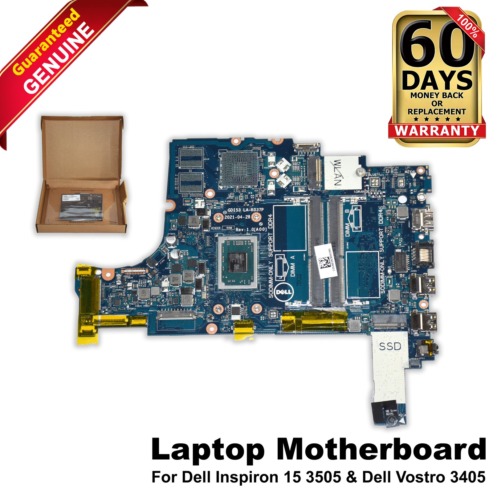 Dell Inspiron 15 3505 Laptop Motherboard AMD Athlon Silver 3050U LA-K037P P43K1