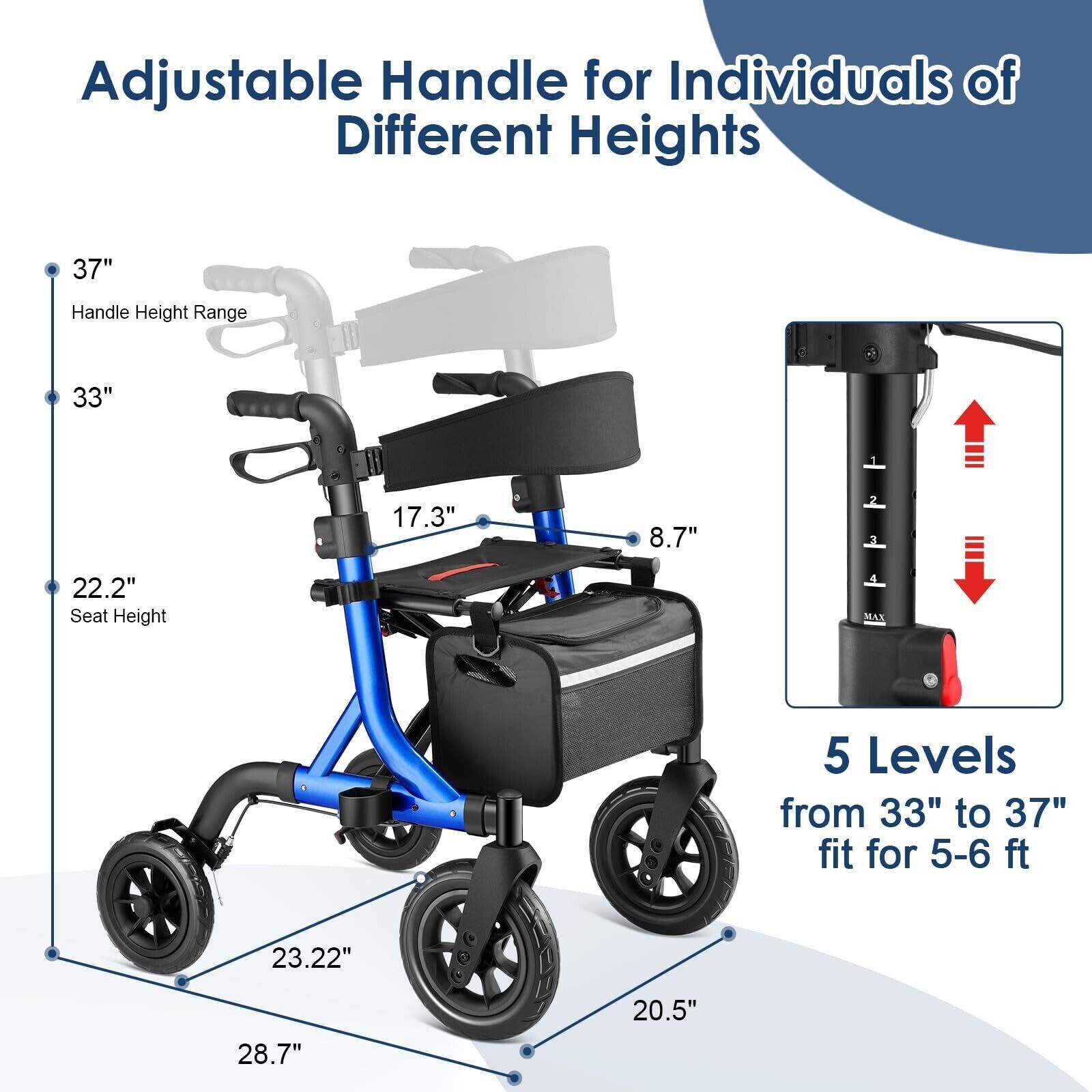 10" Rollator Walker for Seniors, Lightweight Foldable All Terrain Rolling Walker