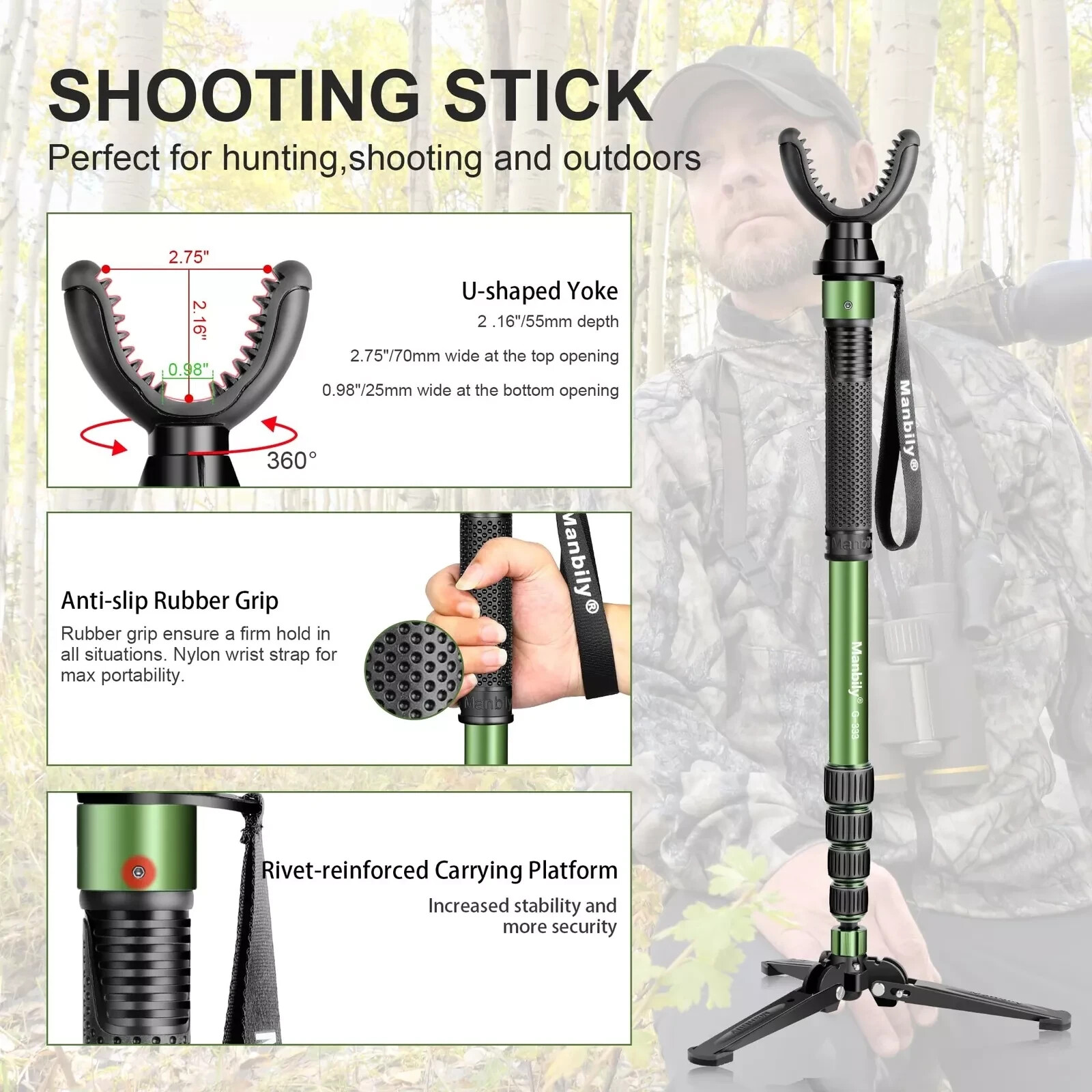 Manbily Shooting Stick Monopod with Tri-Stand Tripod Base, with Rotating US