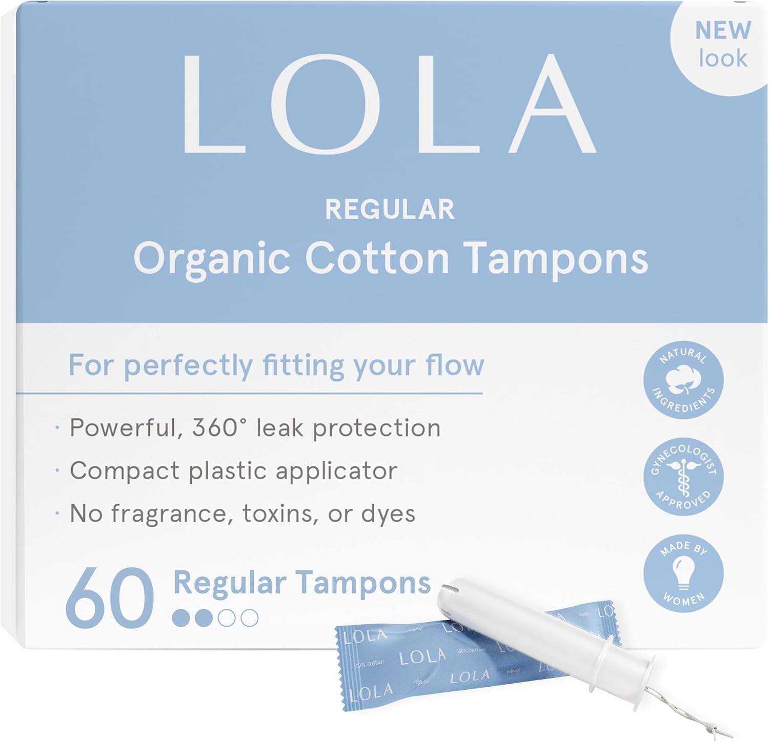 LOLA Organic Cotton Tampons, 60 Count - Tampons Regular, Period Feminine Hygiene