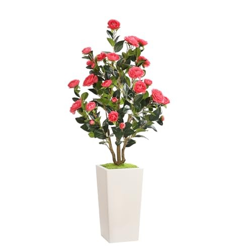 4FT Faux Camellia Tree with White Tall Planter, Artificial Camellia Flower Pink