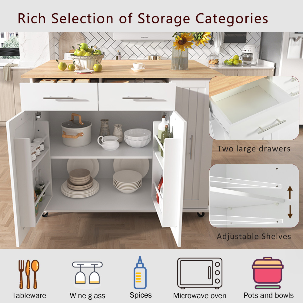 Kitchen Island with Drop Leaf with 3 Tier Pull Out Cabinet Organizer, White