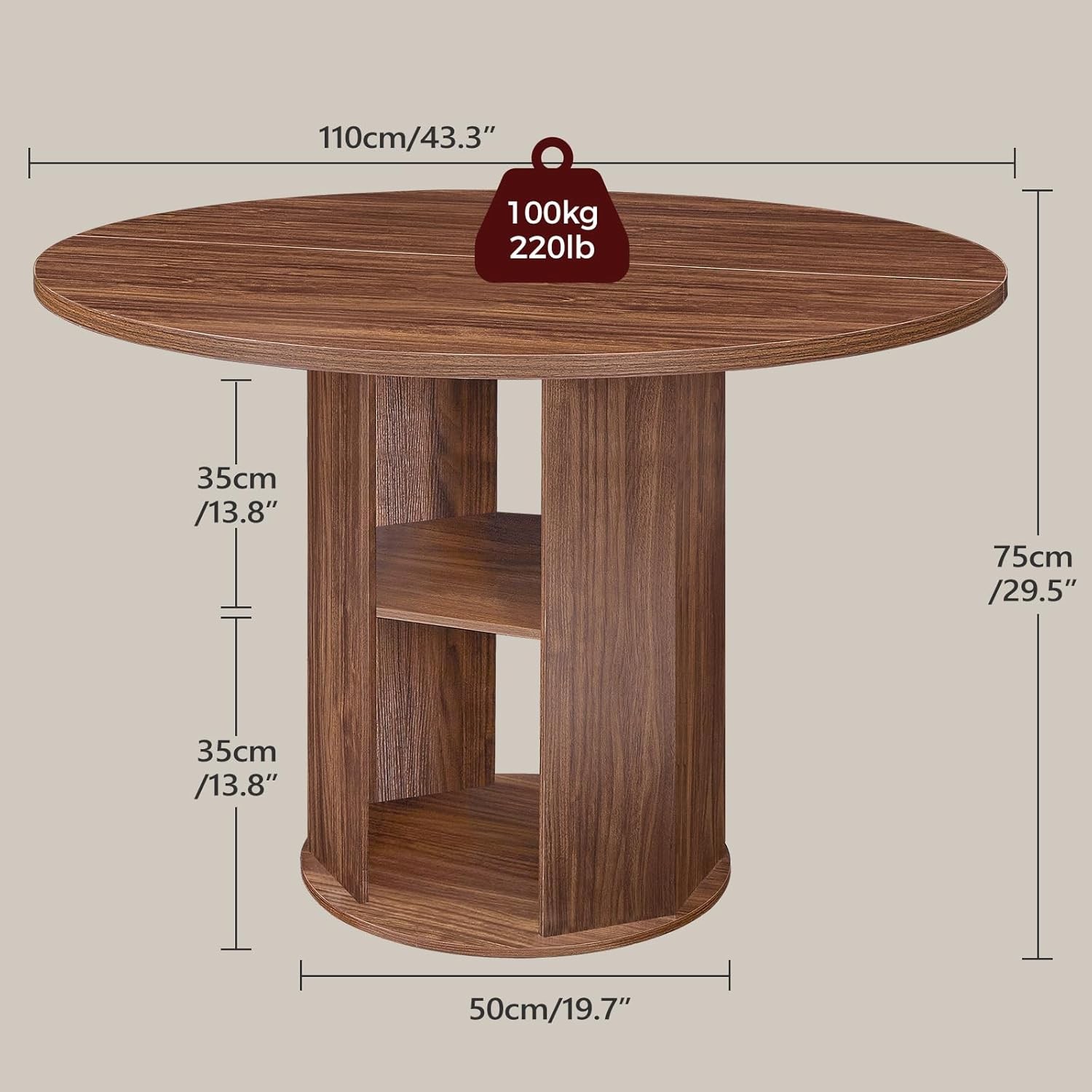 43.3" Round Dining Table W/ Storage Shelf 4 Circle Kitchen Dinner Table W/ Thick