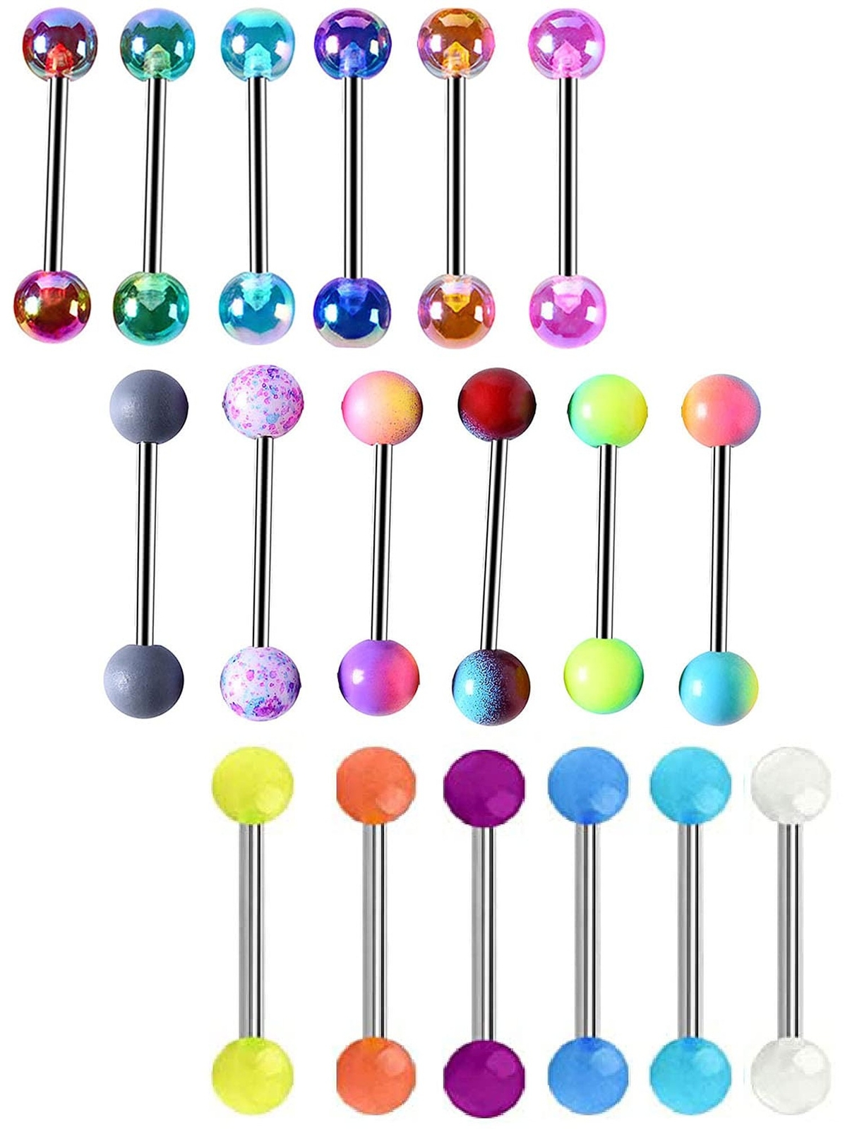 Tanyoyo 14G 18 Pcs Colorful Ball Tongue Rings Stainless Steel Barbell Tongue ...