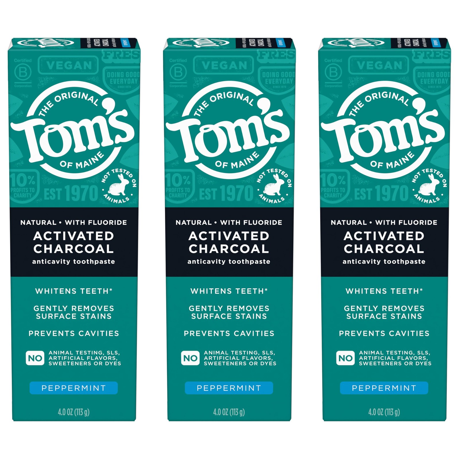 Tom's of Maine Activated Charcoal Fluoride Toothpaste Peppermint 3 Pack 4.0 Oz