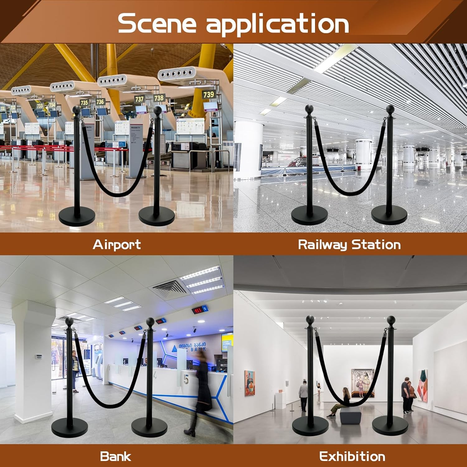 Black Stanchion Posts with Velvet Rope Set (4 Posts + 3 Ropes) Crowd Control