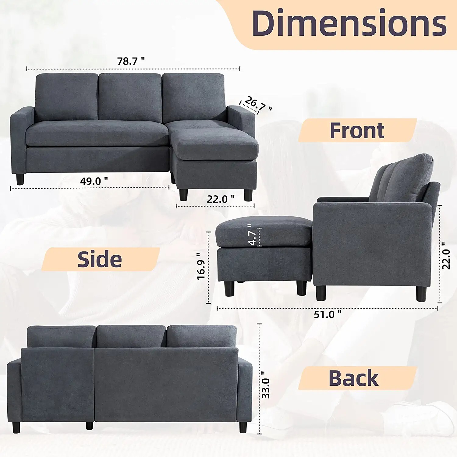 Shintenchi Convertible Sectional Sofa Couch Modern Linen, Fabric L-Shaped Couch