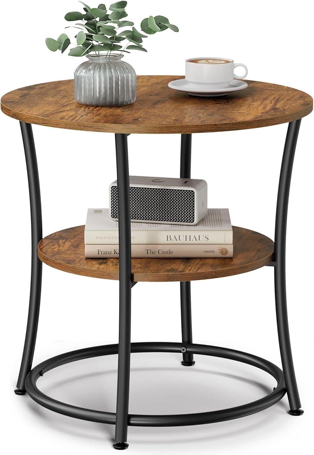 Side Table, Round Side Table with 2 Shelves, Rustic Brown and Ink Black