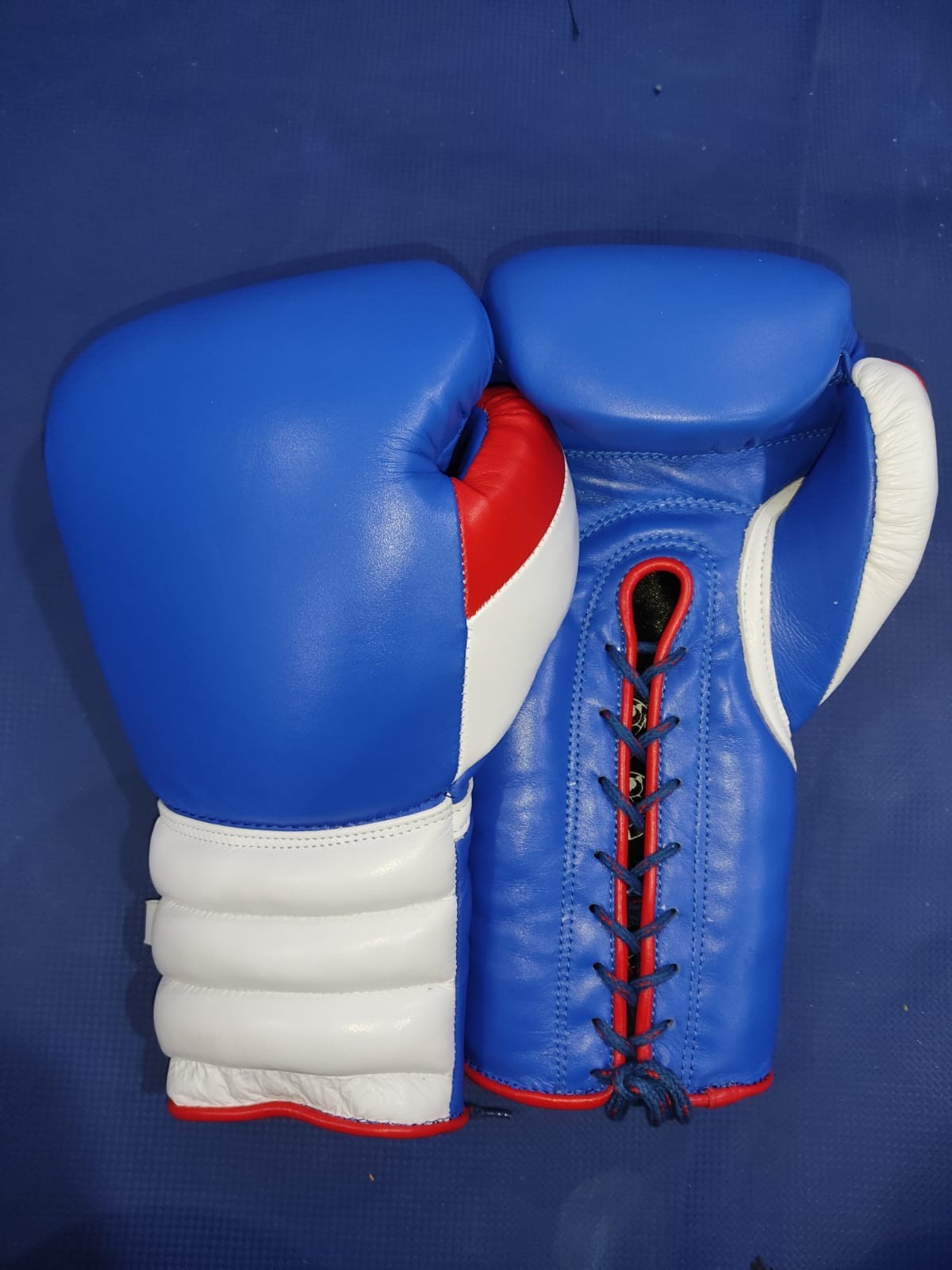 Handcrafted Boxing Gloves Blue/White/Red – Lace-Up Training use Genuine Leather