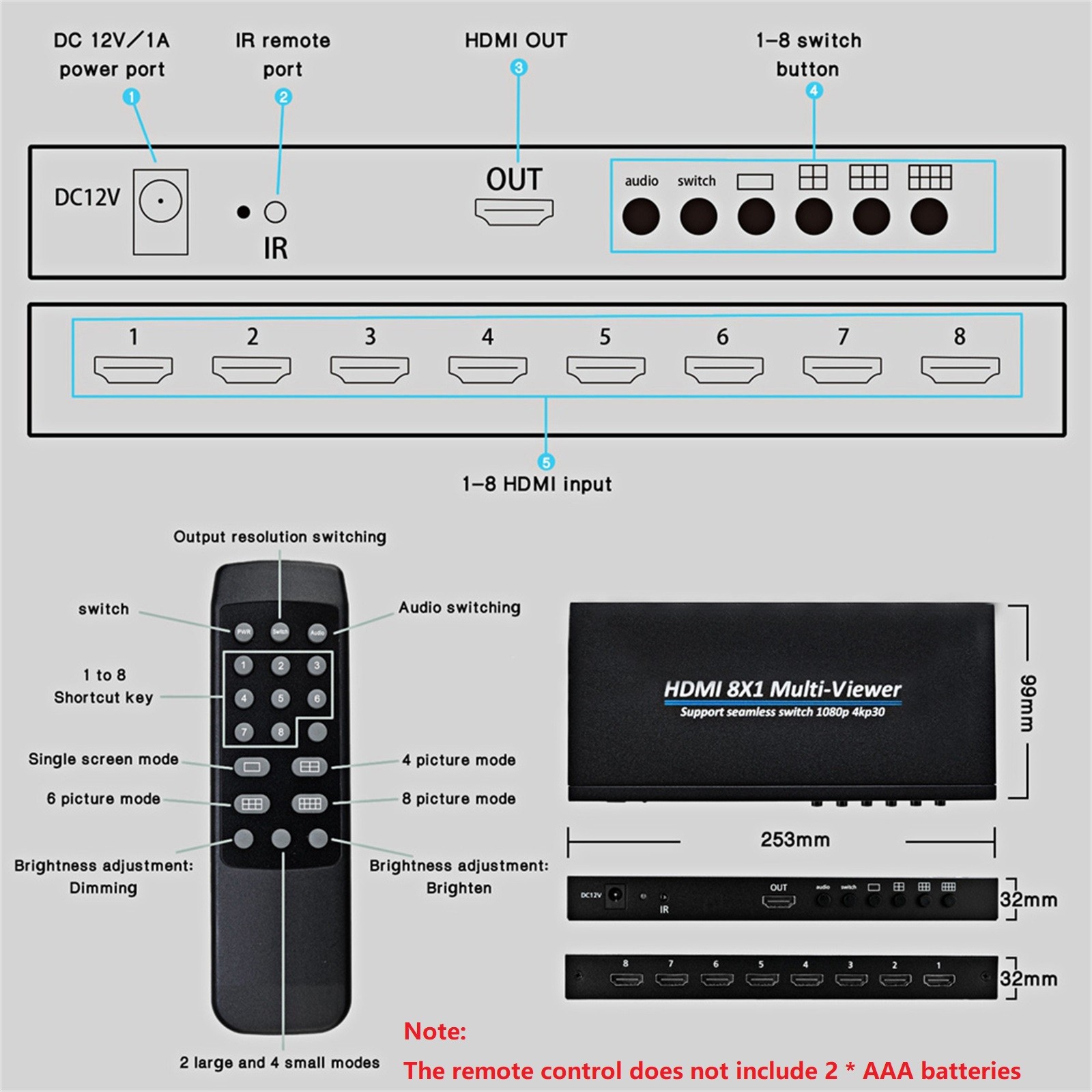 HDMI-Compatible Multiviewer Splitter 4K 8 In 1 Out Screen Multi Viewer Durable
