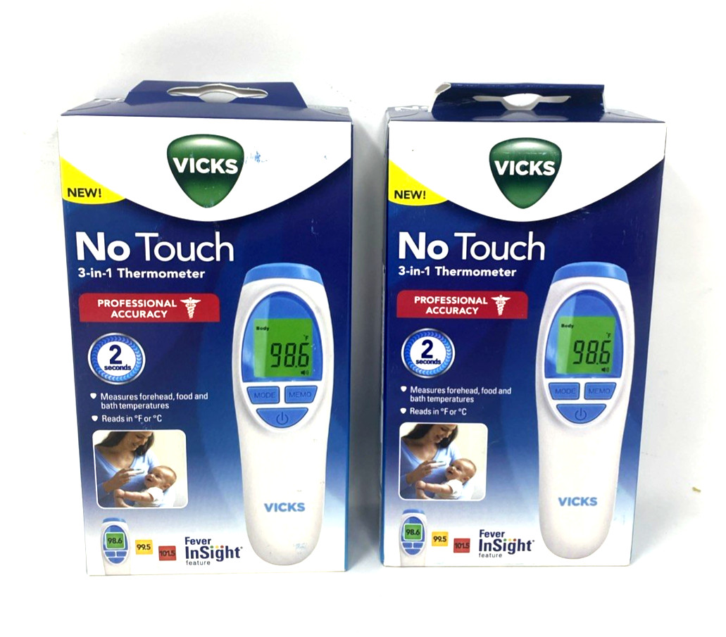 Vicks Thermometer No Touch 3-in-1 Forehead, Food, and Bath Temperatures 2 Pack