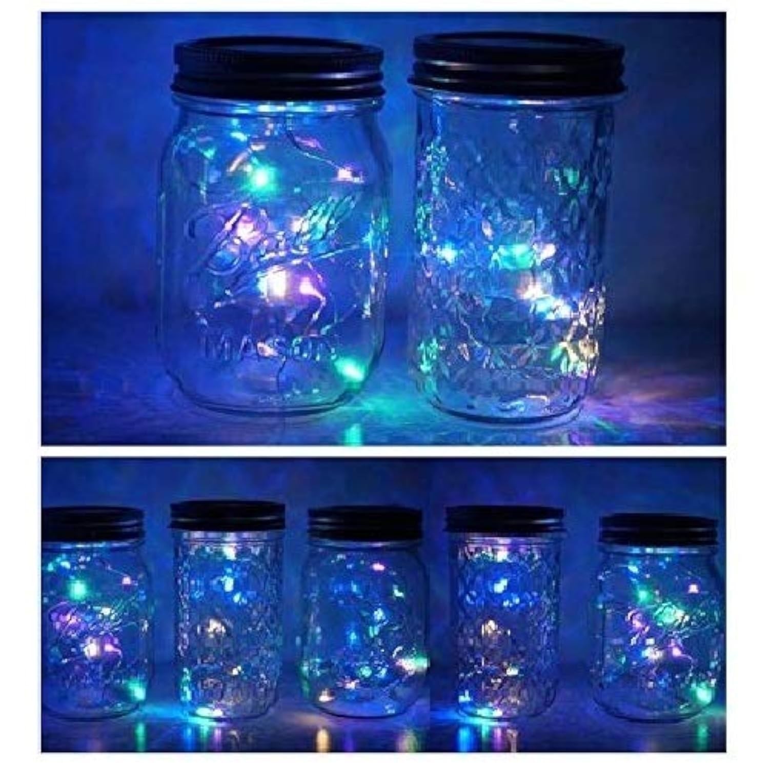 6 Pack Mason Jar Lights, 20 LED Solar Colorful Fairy String Lights Lids Inser...