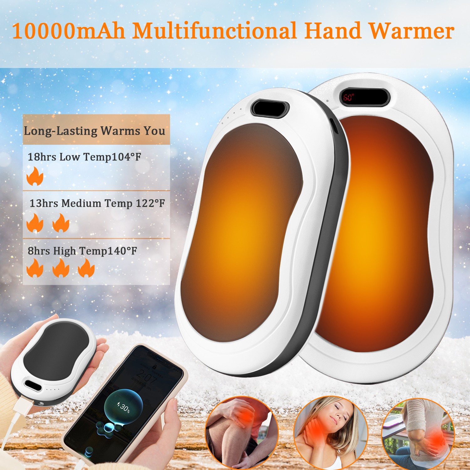 Magnetic Digital Display Rechargeable Hand Warmers with Flashlight & Power Bank