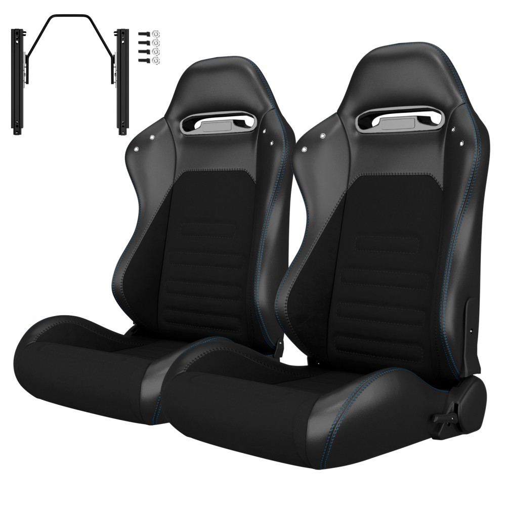 Pair Universal Racing Seats, Black PVC Leather, Reclinable w/ Sliders