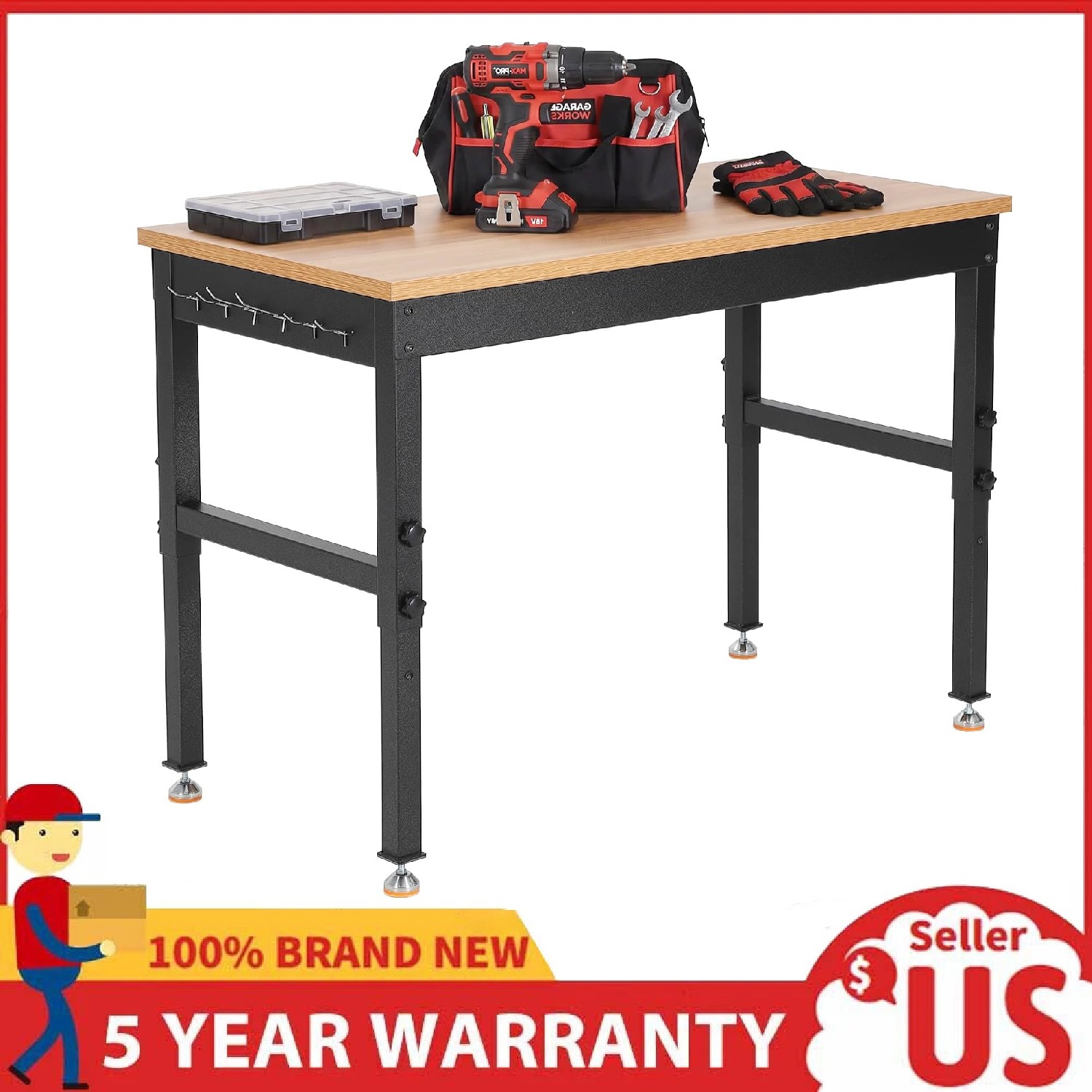 48" Adjustable Workbench 2200LBS Heavy Duty Work Table Garage with Power Outlets