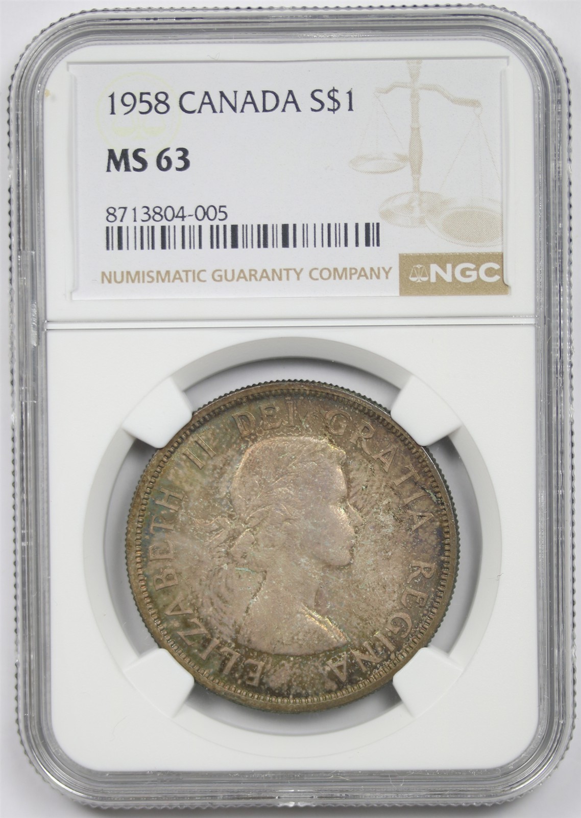 1958 Canada Silver Dollar NGC MS 63 Totem Pole Death Dollar Multi-Color Toned