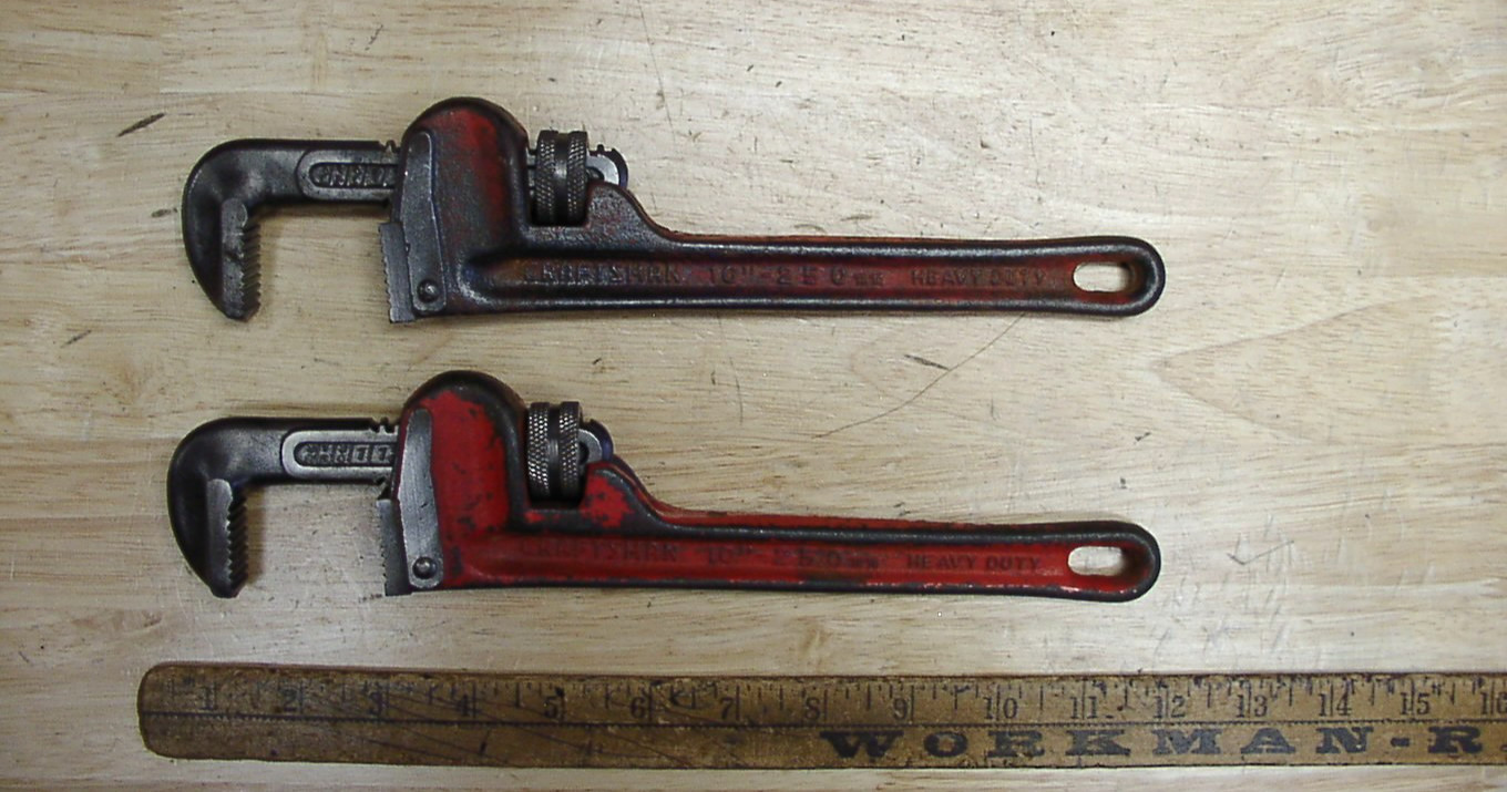 2 Vntg Craftsman 55676 All Steel 10" Pipe Wrenches,11/16" Jaws,1-3/4" Cap.,Japan
