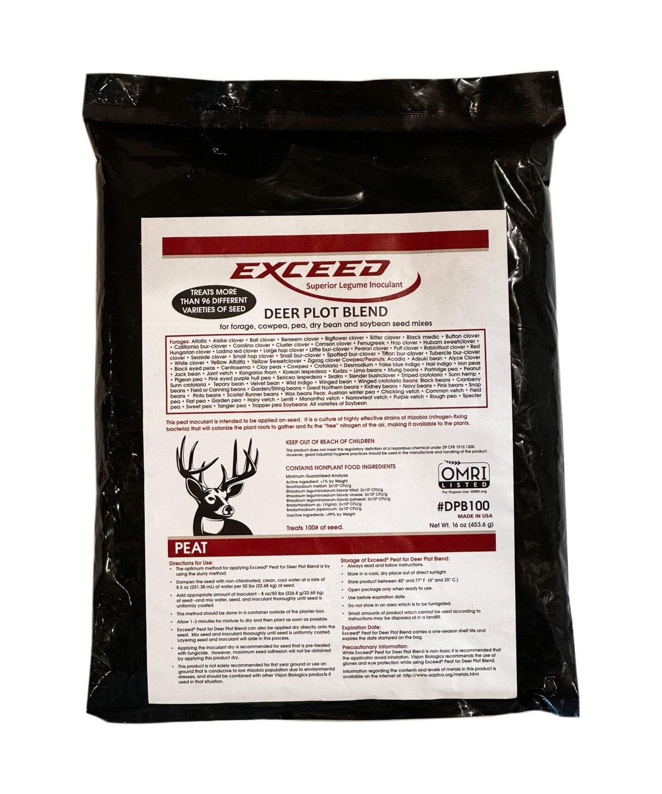 Exceed® Peat Deer Plot Blend - 96 Legumes Inoculant - 1 lb Treats 100 lb of Seed