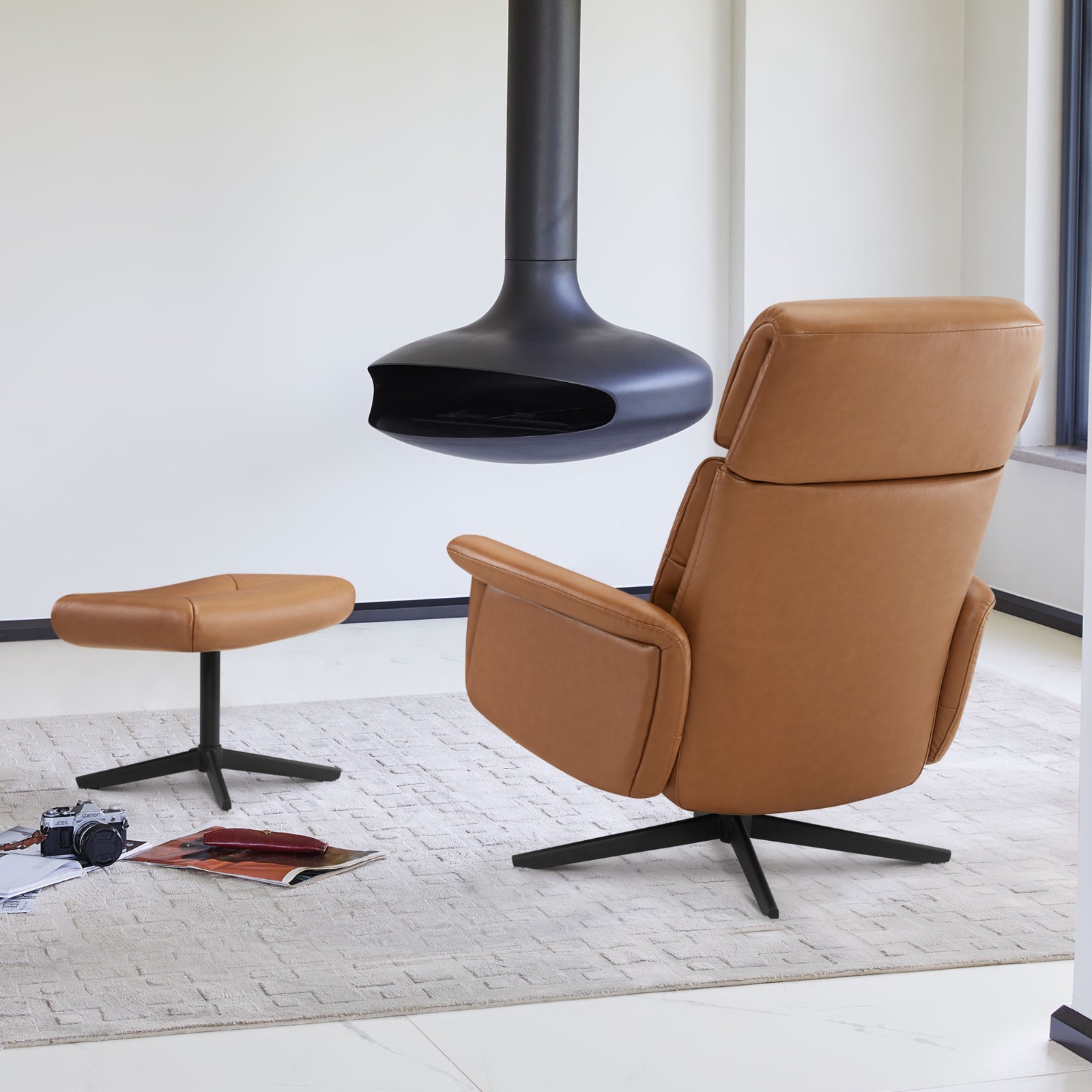 CHITA Genuine Leather Self-Weight Reclining Swivel Chair w/Adjustable Headrest