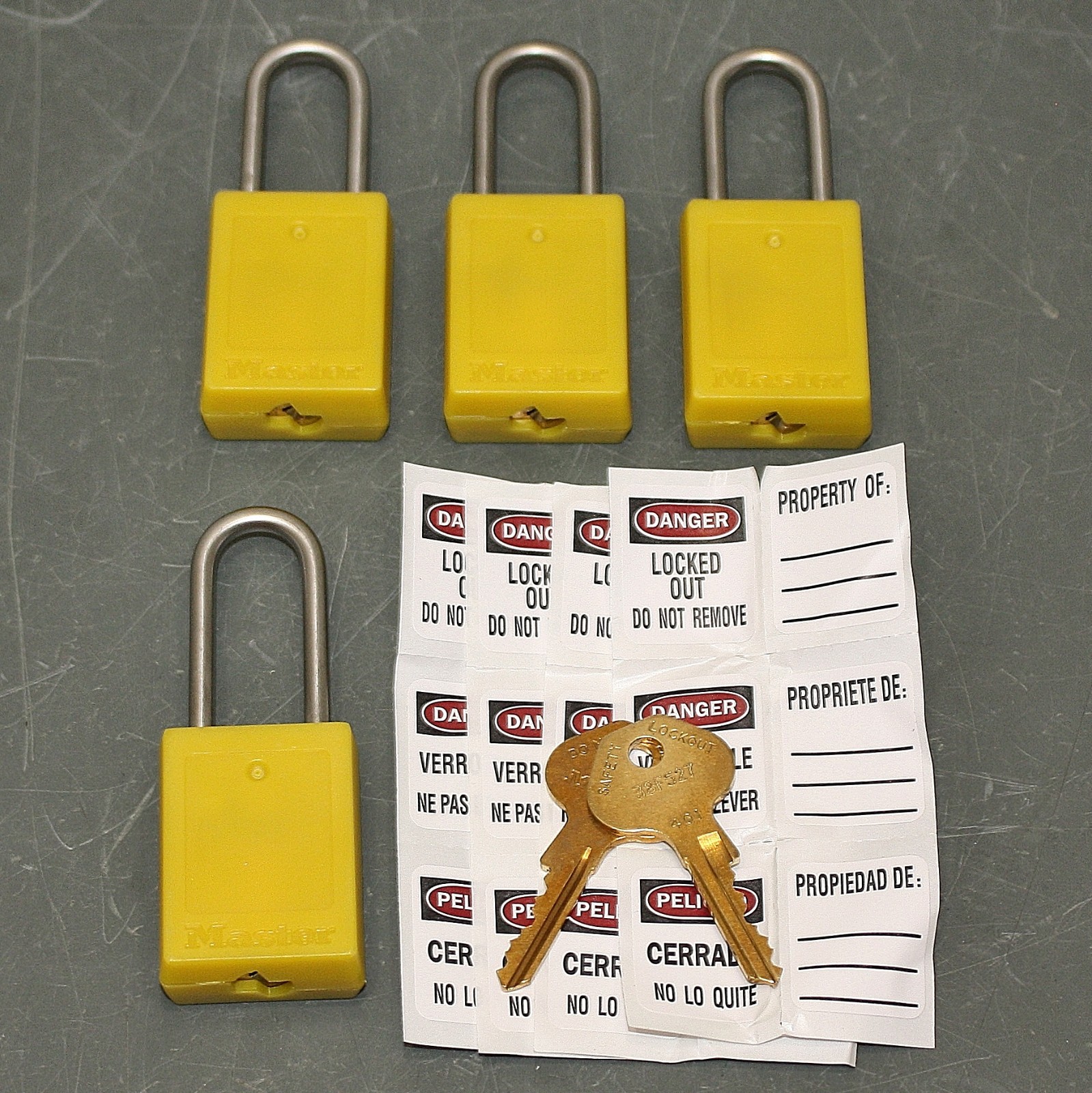 (4) Master Lock Lockout Padlocks S33KAS6YLW, Keyed Alike, Yellow Plastic, Pad