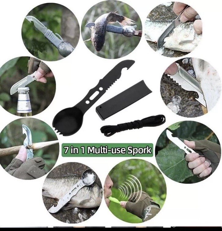 Camping Utensils Spork Knife 7 In 1 Multi Use Camp Survival Bug Out Stainless