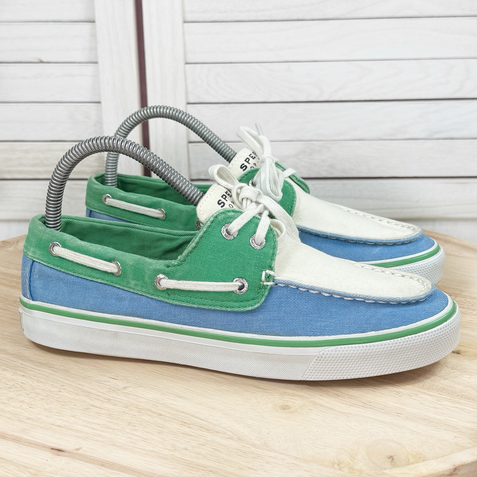Sperry Top Sider Biscayne Canvas Boat Shoes Colorblock Green Blue White Size 7.5
