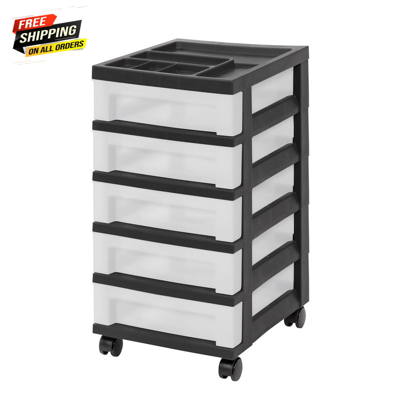 IRIS 5-Drawer Narrow Plastic Storage Drawer Cart with Organizer Top, Black 👌