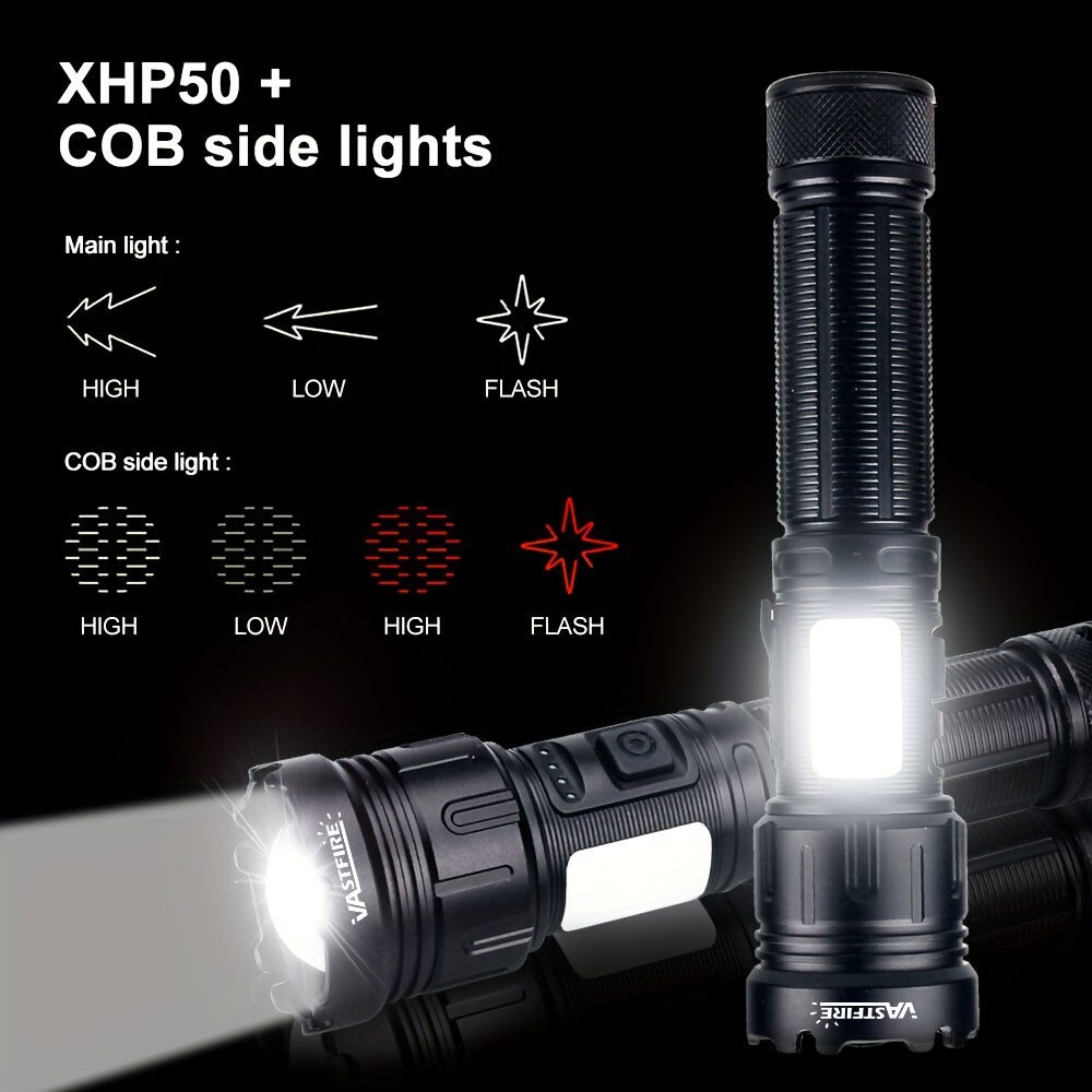 2Pack Super Bright LED Flashlight Zoomable USB Rechargeable COB Light Torch