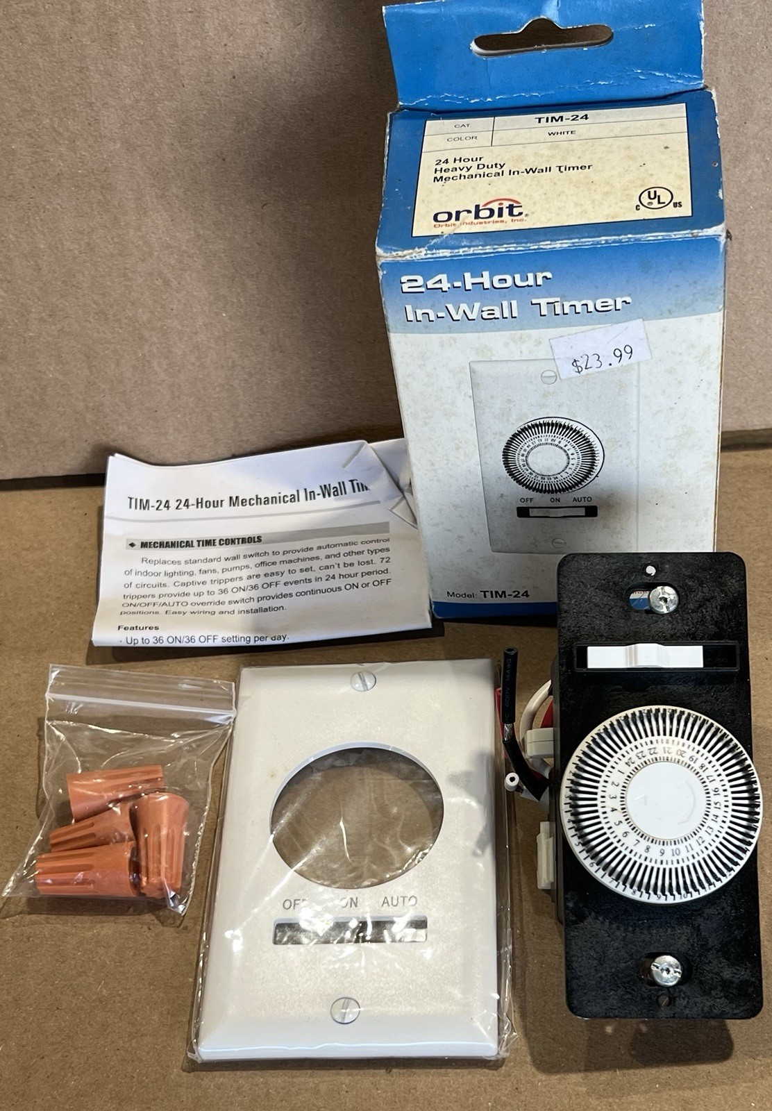 Orbit TIM-24 Heavy Duty In Wall 24hr Mechanical Timer Lights Fan Pump NOS
